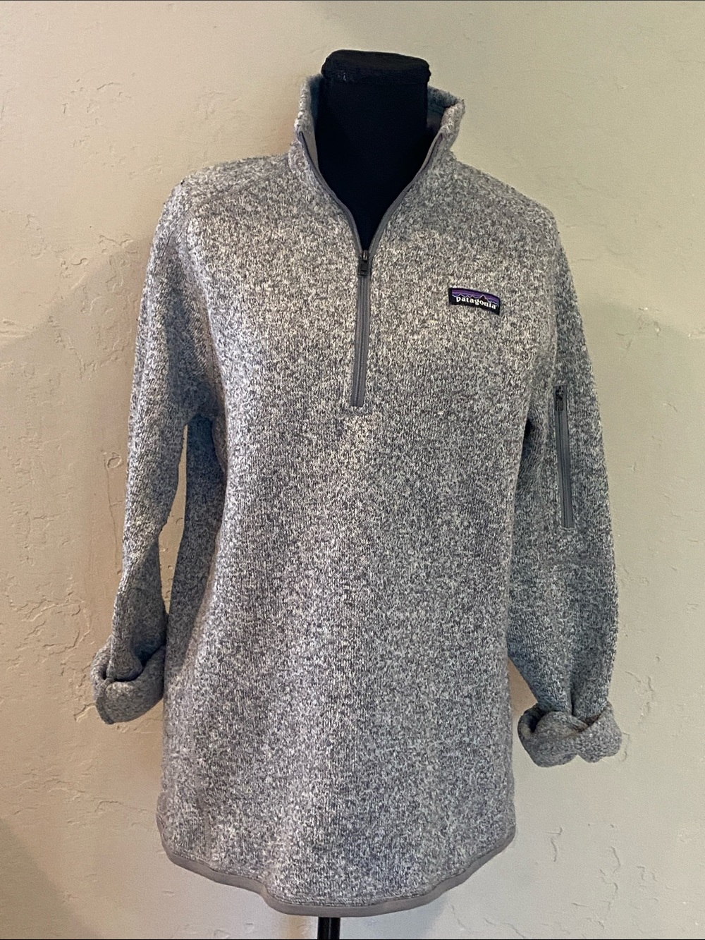 Patagonia Heathered Light Gray Quarter-Zip Fleece Pullover Sz Large PTP 21 GUC.